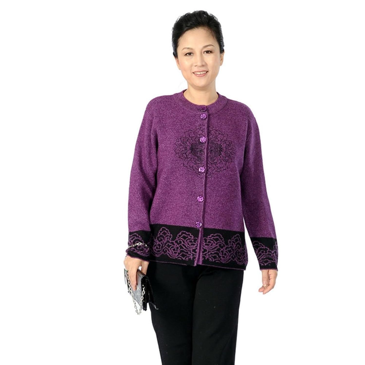 依尚 女士中老年人羊绒衫女装秋冬装新款唐装开衫大码妈妈装加厚针织